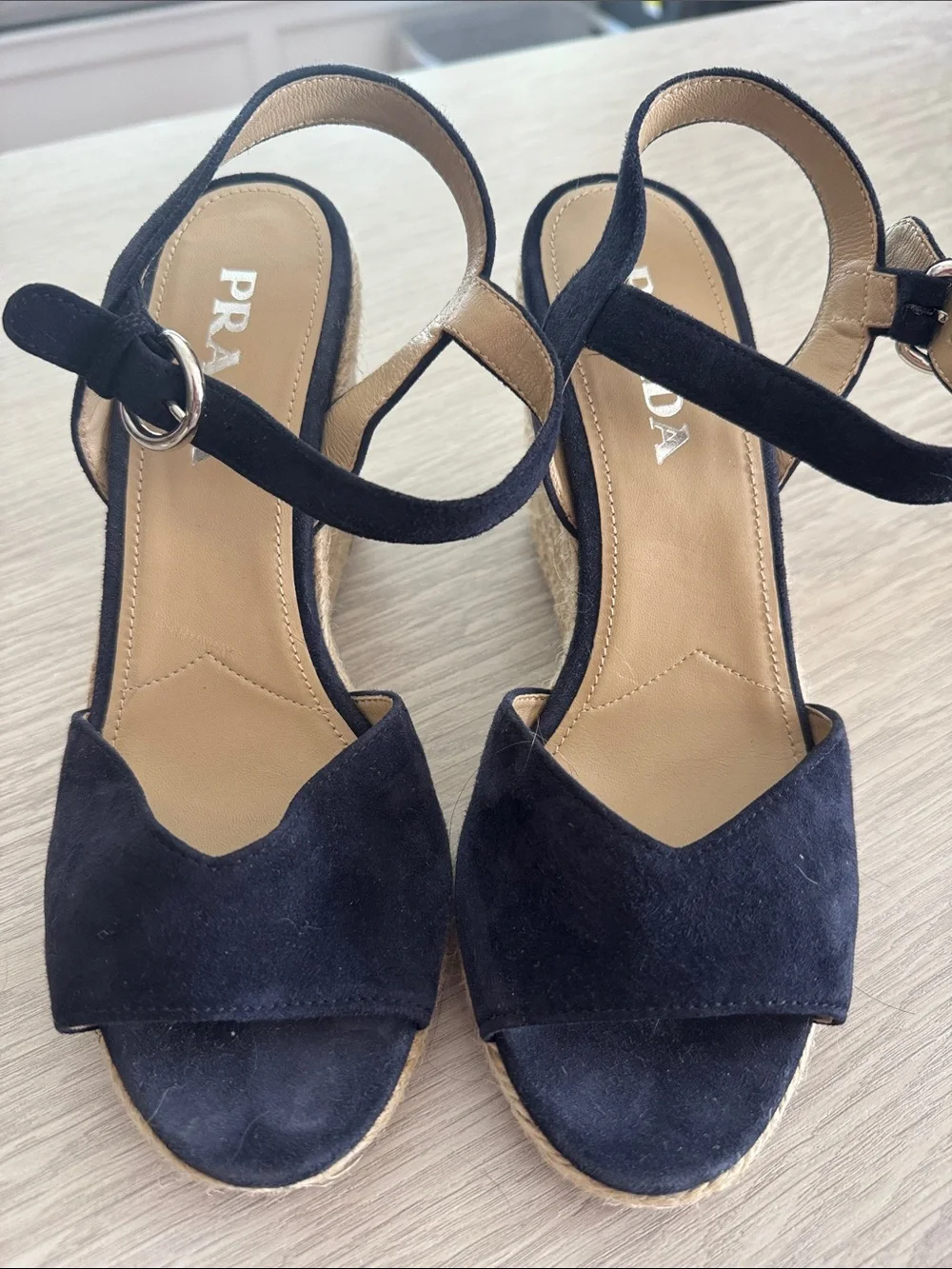 Prada Navy Suede Espadrille Wedge Sandals with Ankle Strap